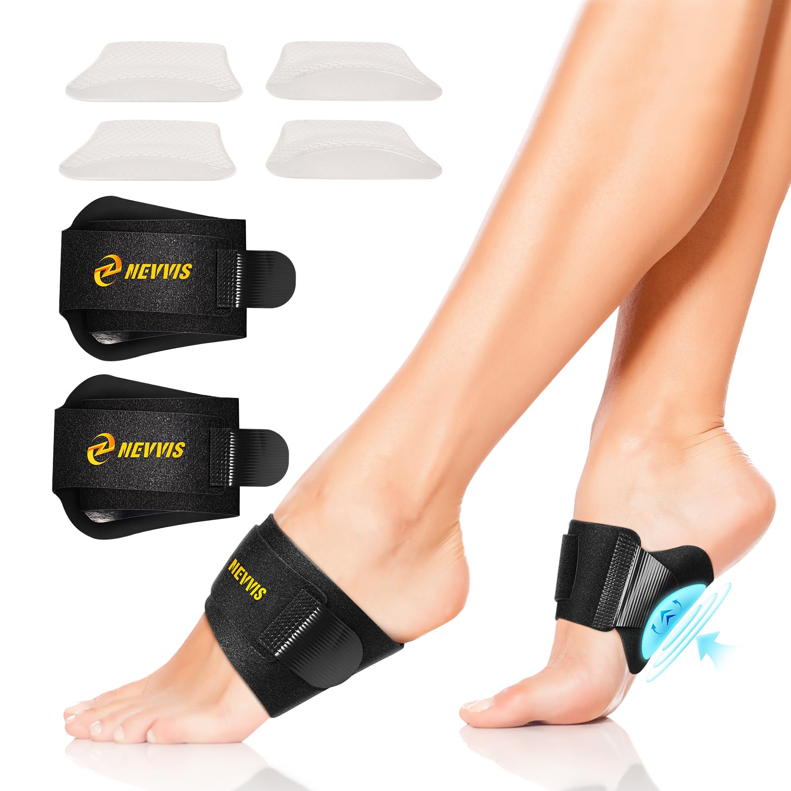 Photo 1 of NEVVIS Arch Support Braces with Replaceable Gel Pads, Adjustable Orthotic Arch Support for Women Men, Relief for Plantar Fasciitis, High Arch, Flat Feet, Foot Fatigue, Arch Pain, 4 Pads with 2 Heights