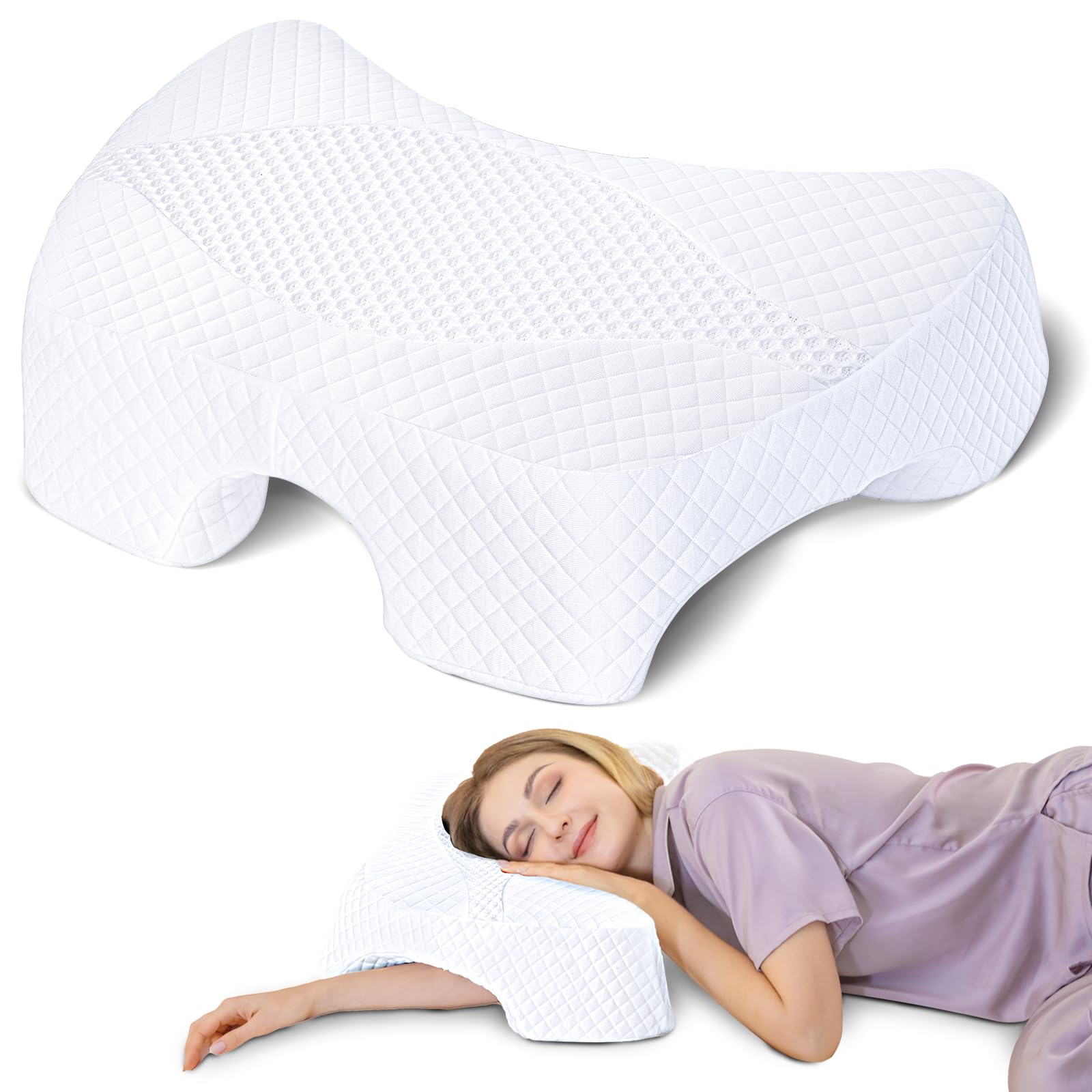Photo 1 of SAHEYER Side Sleeper Pillow with Arm Hole, Memory Foam Pillow for Neck and Shoulder, Multi-Angle Armholes Pillow for Many Sleeping Positions, Ergonomic Orthopedic Support Pillow (White)
