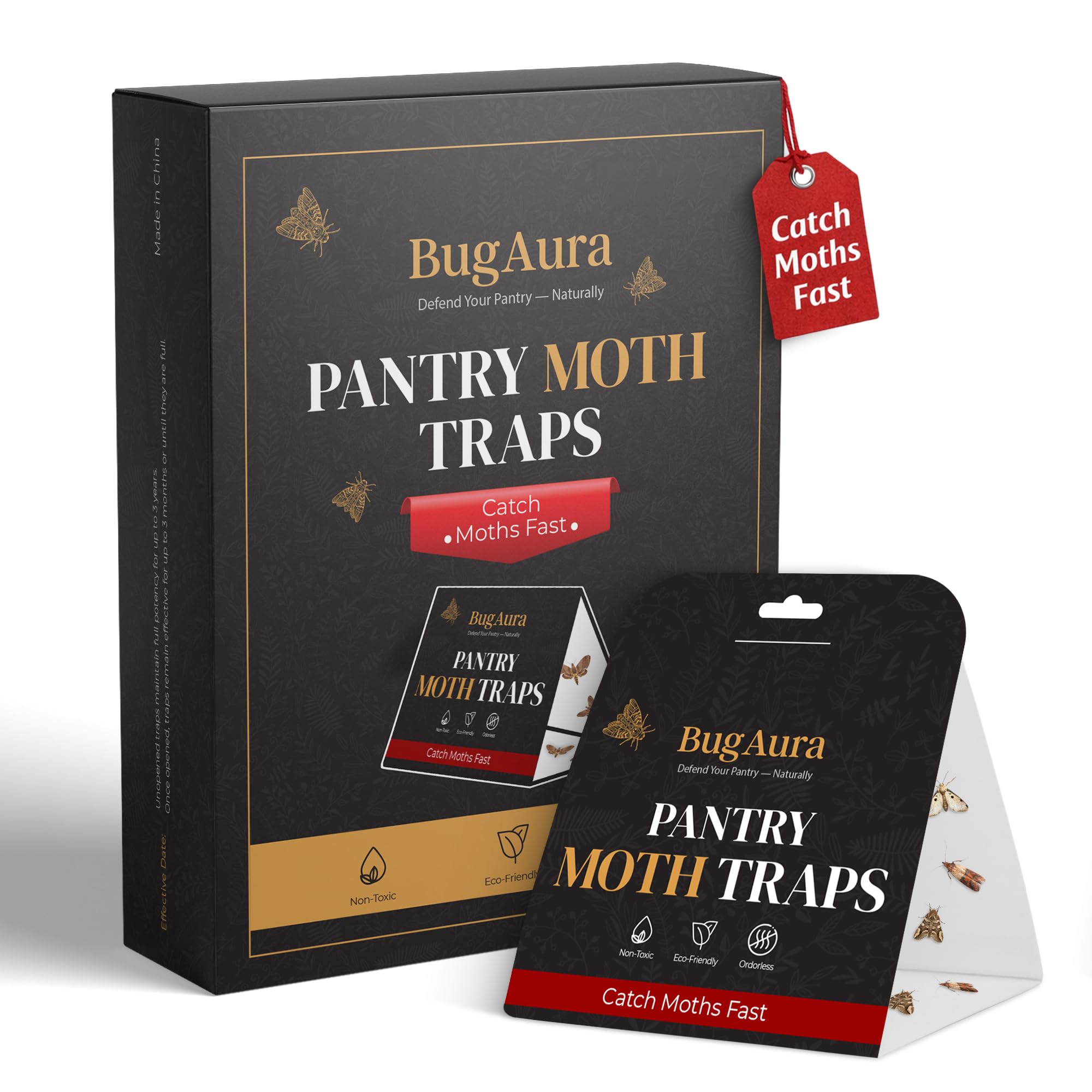 BugAura 8 Pack Pantry Moth Traps for House Indoor – Advanced Red Line Formula Pantry Moth Traps with Pheromones Prime – Safe & Non-Toxic – Targets Indian Meal Moths & Other Pantry Moths