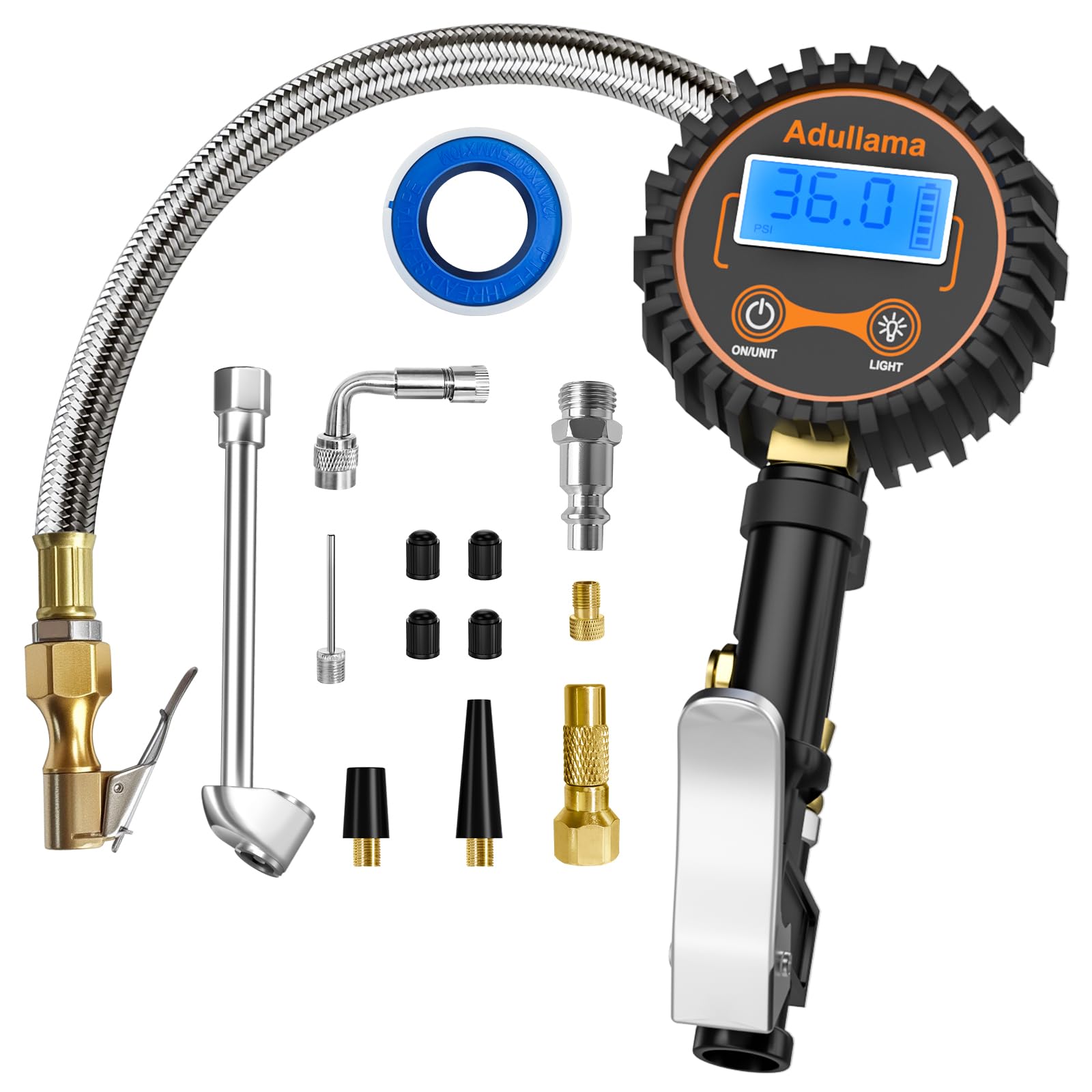 Photo 1 of Adullama Digital Tire Pressure Gauge with Inflator, 250 PSI Heavy Duty Air Chuck Air Compressor Attachments, Improved Leaks Protection & Stainless Braided Hose Tire Gauge, 0.1 Display Resolution