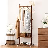 Taitiy Coat Rack Freestanding Clothing Rack with Wheels & 2 Shelves Storage & 5 Hooks Heavy Duty Clothes Rack Wood Coat Tree Stand Hat Hanger Rack for Corner Bedroom Entryway Living Room Hotel Size L
