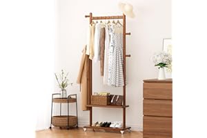 Taitiy Coat Rack Freestanding Clothing Rack with Wheels & 2 Shelves Storage & 5 Hooks Heavy Duty Clothes Rack Wood Coat Tree Stand Hat Hanger Rack for Corner Bedroom Entryway Living Room Hotel Size L