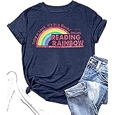 Reading Rainbow Book T-Shirt Women Book Lover Reading Shirts Teaching Gift Casual Tee Top