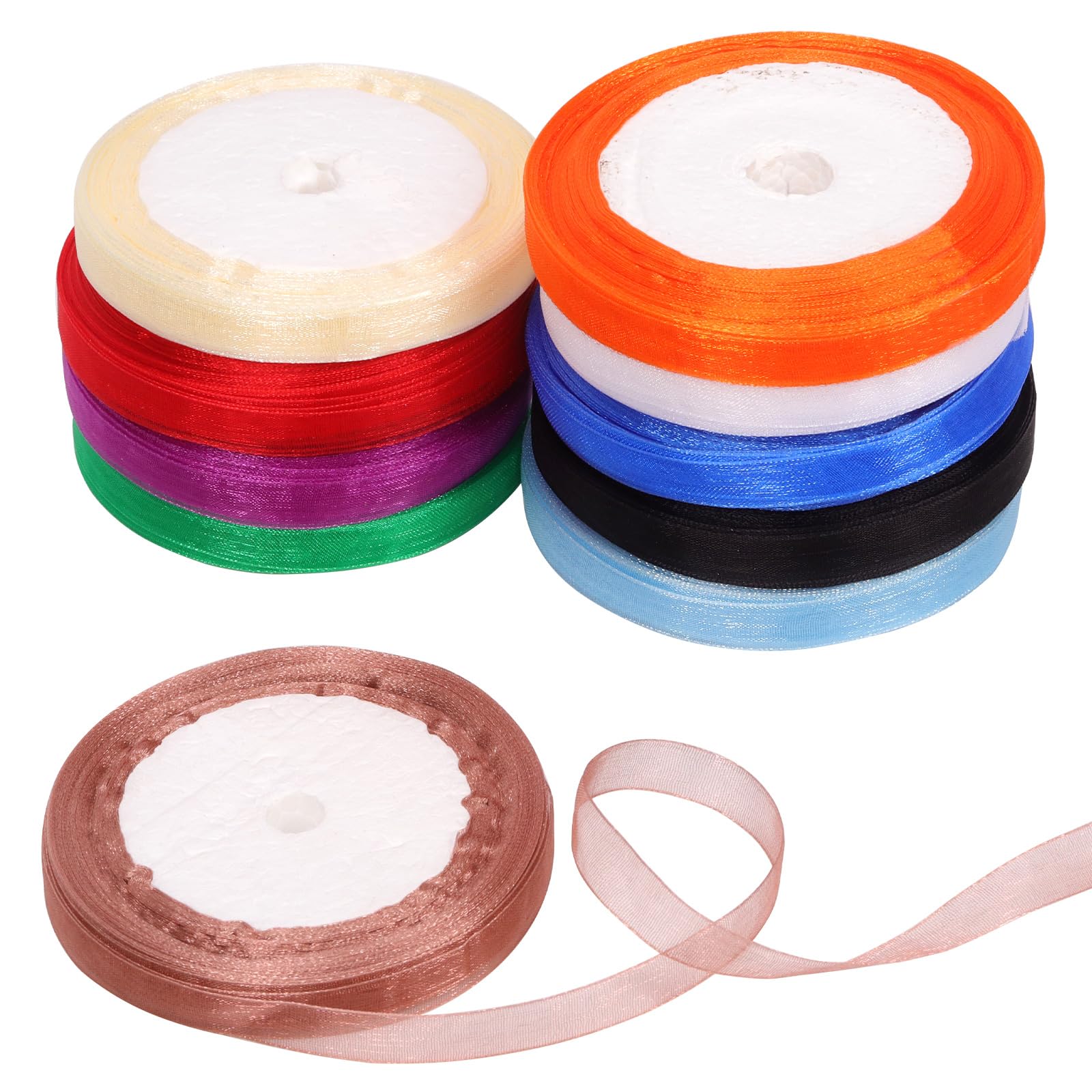 Mardatt 10 Rolls 0.4 Inch x 25 Yards Shimmer Sheer Ribbon Gift Wrapping Ribbon Sheet, 10 Colors Transparent Chiffon Ribbons for Floral Bouquet Wedding Decorating