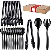Mwellewm Plastic Serving Utensils Set, Disposable Tongs Spoons for Buffet | 10Inch Heavy Duty, BPA free,18Pc Party Catering Supplies Buffet Display Utensils for Restaurant, Wedding, Banquet, Food,Black