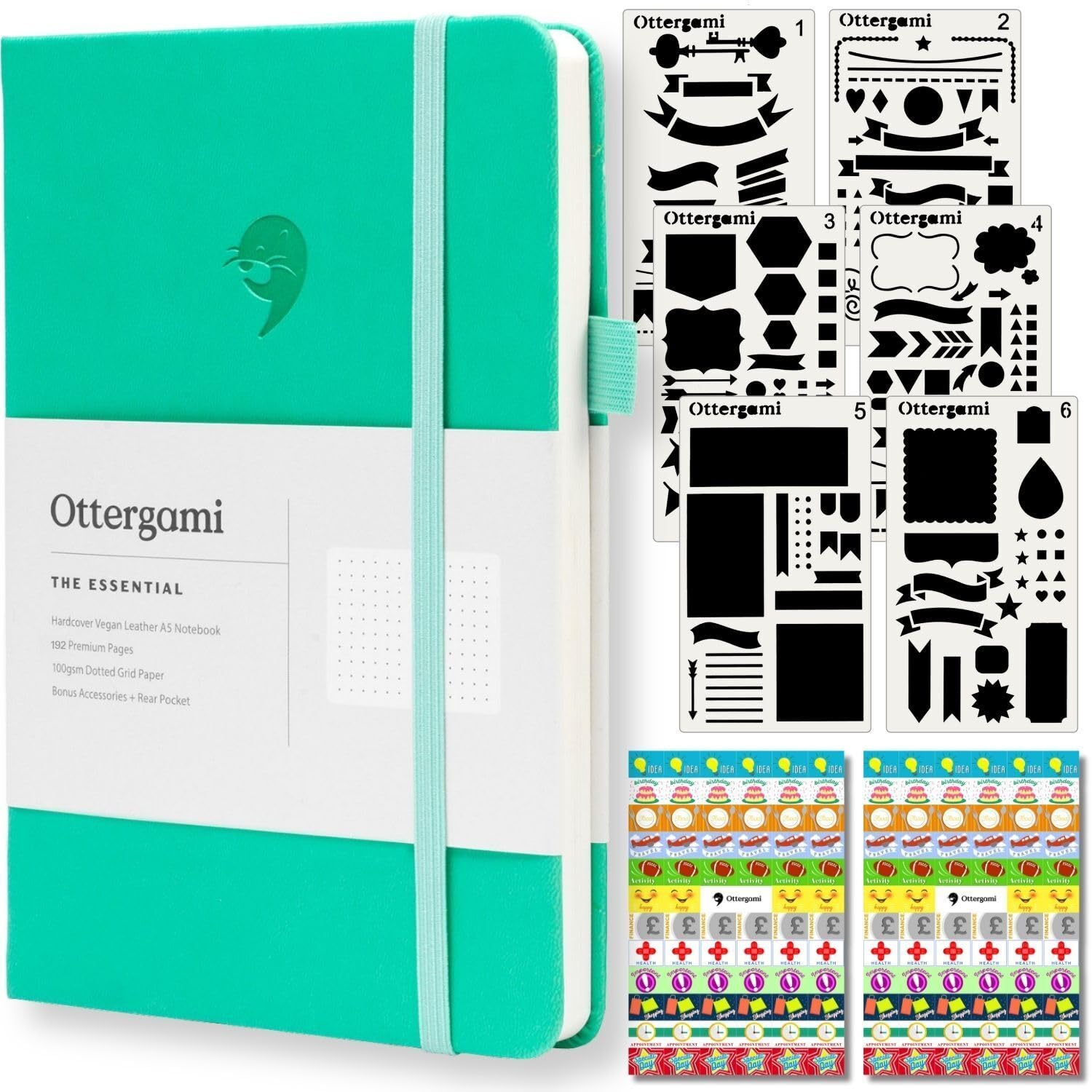 Ottergami Bullet Journal Dotted A5, 200 Pages, Teal - A5 Notebook, 15 x 21 cm, The Essential 100 gsm Paper Against Smudges, with Elastic Band, Stencils, Stickers, Pen Holder