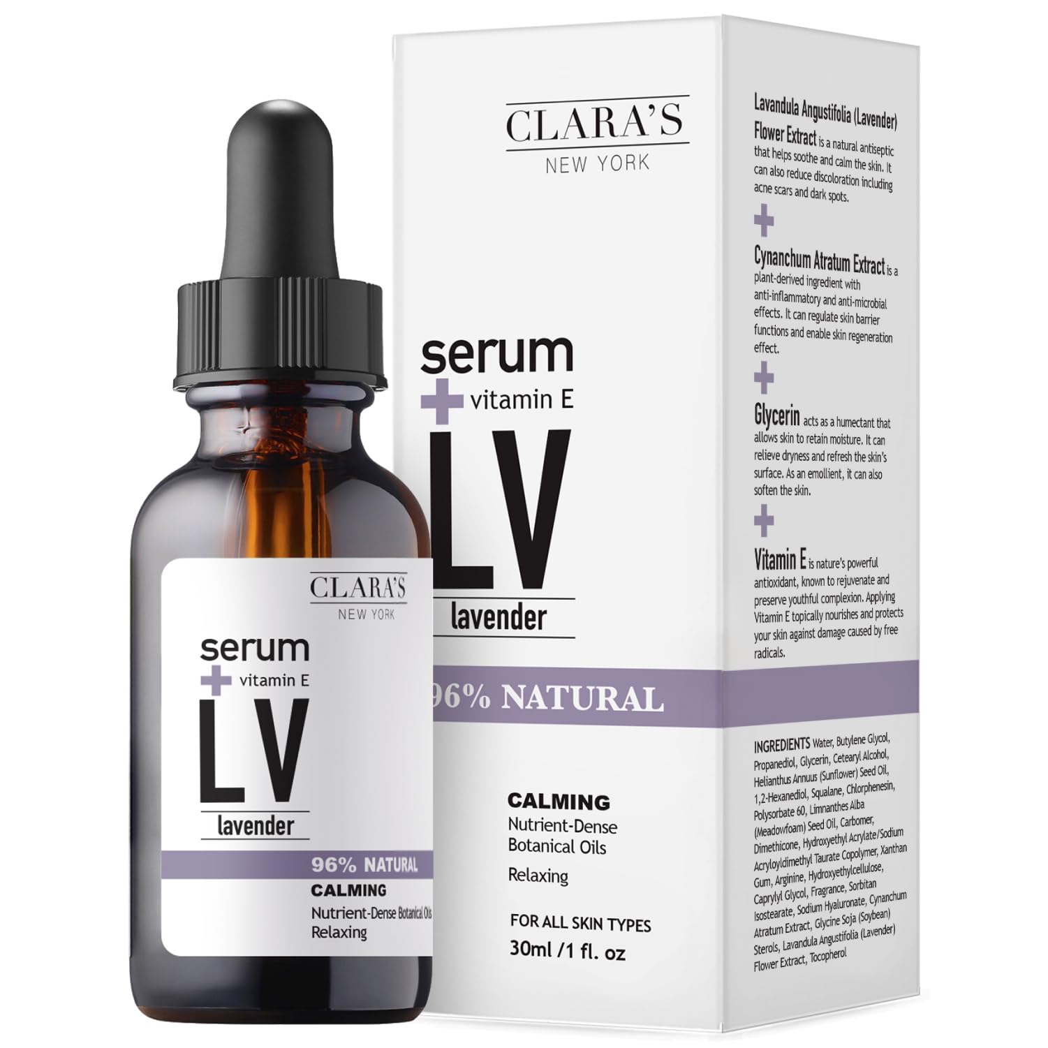 Clara's New York Calming Lavender Facial Serum with Vitamin E Oil, Cleanses and Soothes Skin, Keeps Skin Hydrated and Clear, Natural Fragrance, Suitable For All Skin Types 30ml