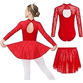 Gogokids Ballet Leotards for Girls Long Sleve Lace Dance Leotards Toddler Dance Dress with Removable Skirt Combo