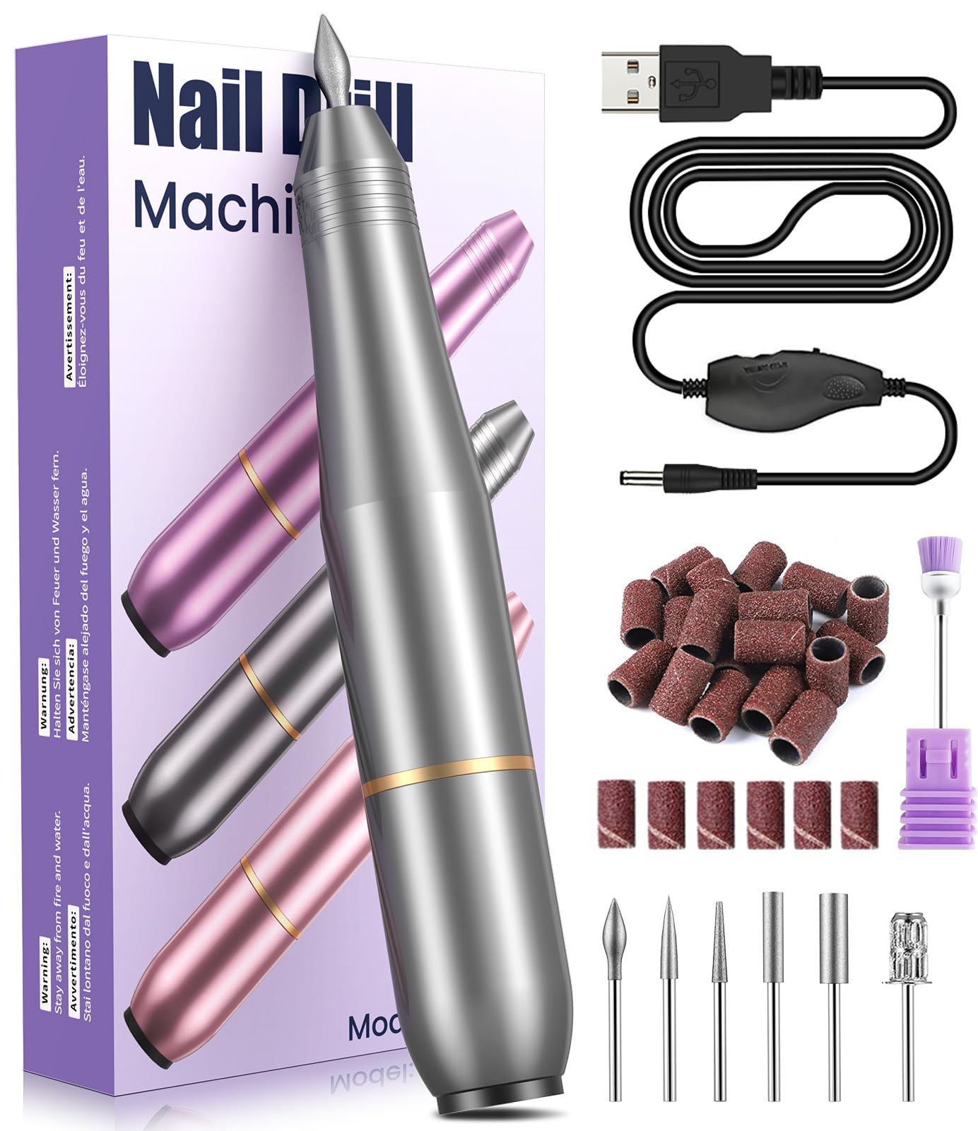 Ajgvq Electric Nail Drill, 20000RPM Adjustable Speed Manicure Pedicure Set with 6 Drill Bits, Low Vibration Low Noise, Aluminium Body, Model: Ajgvq