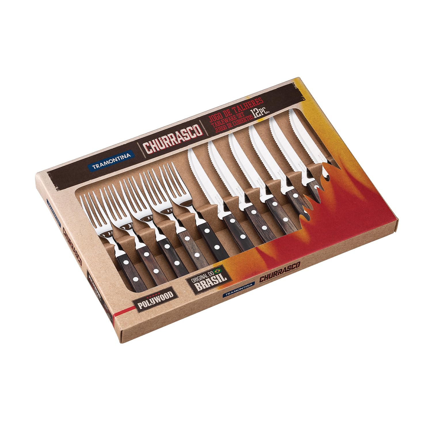 Tramontina Cutlery Set with Steak Knives, 12 Piece Sharp Knife and Fork Set with Wooden Handles, ‎Camping, Kitchen, Rustic, Dishwasher Safe, 29899199