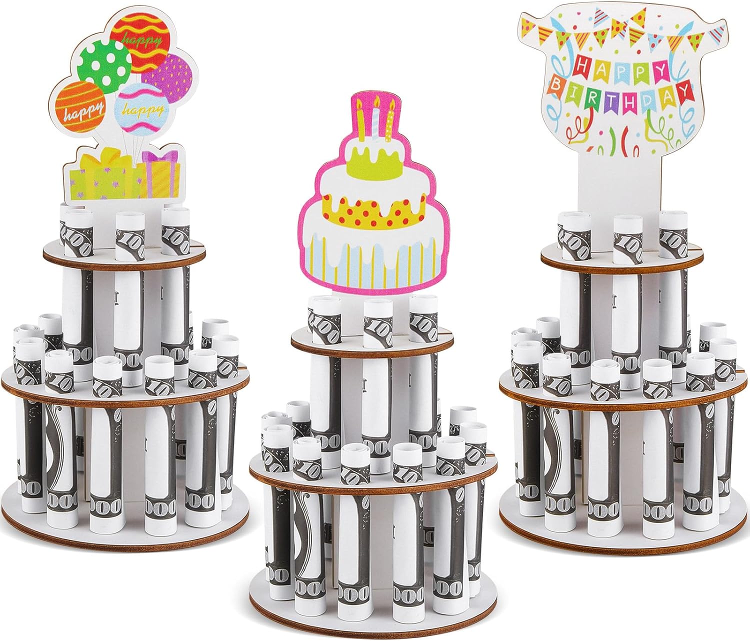 Tree Stands - Sanwuta 3 Pcs Wooden Birthday Money Holder for Cash Gift Handmade Cash Cake Birthday Cash Holders with 18 Holes 3 Tiers Cake Shape Holder for Party Placing Money