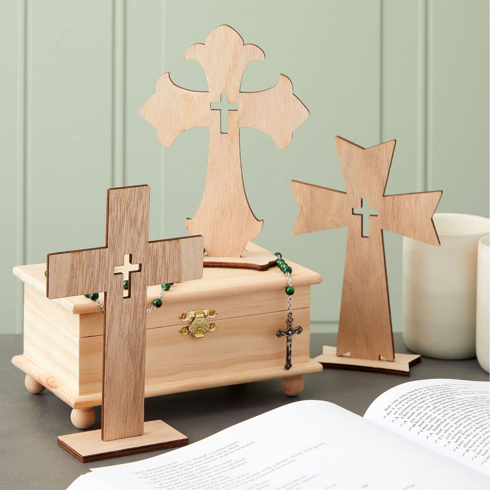 Bright Creations Wooden Crosses for Crafts - 12-Pack, 3 Sizes & Light Brown Unfinished Wood - DIY Blank Crosses with Stands - for Baptism Favors & Table Centerpieces
