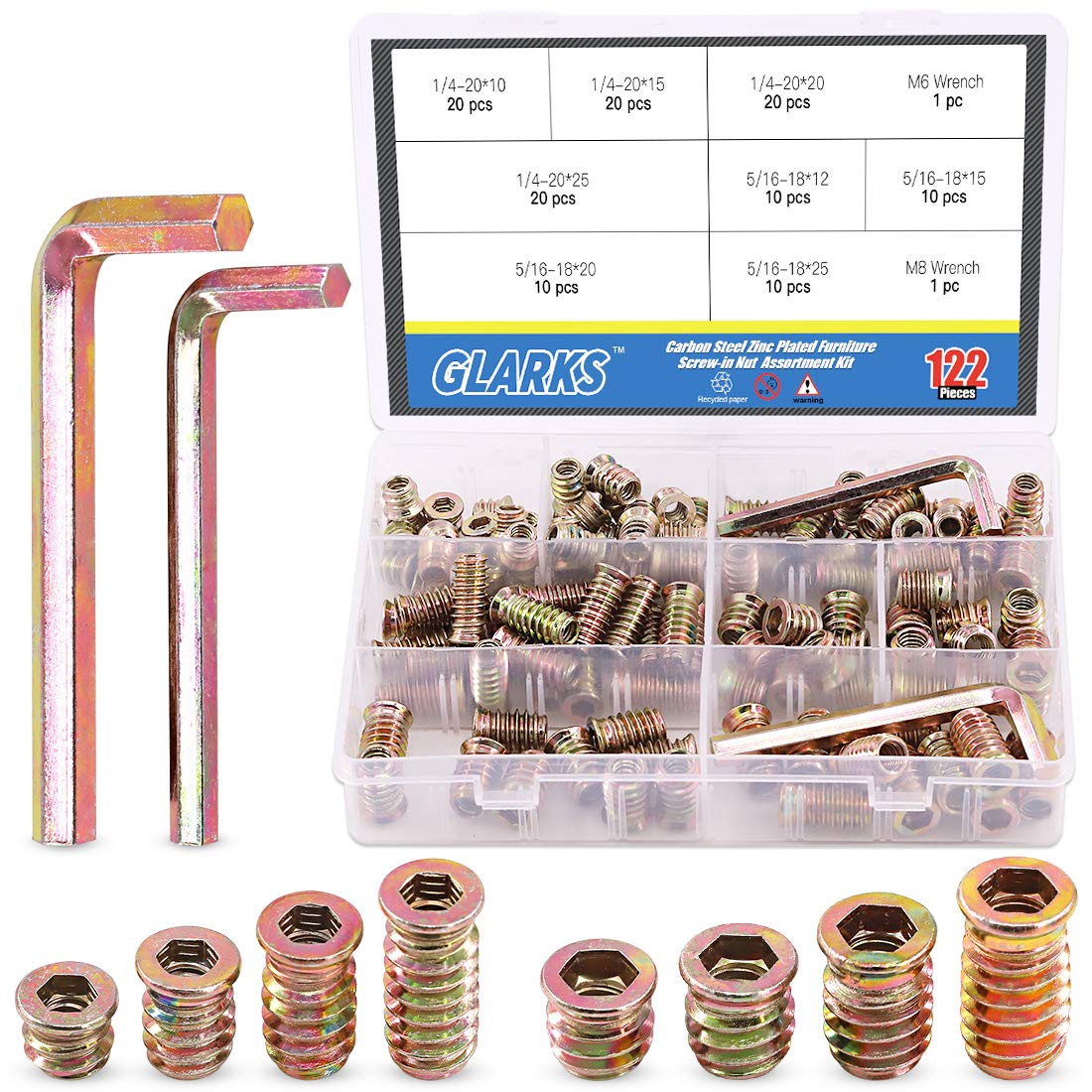 Glarks 120Pcs 1/4"-20, 5/16"-18 Threaded Inserts Nuts Assortment Set, Zinc Plated Carbon Steel Hex Socket Drive Furniture Flanged Screw-in Nut with M6 M8 Hex Wrench for Wood Furniture