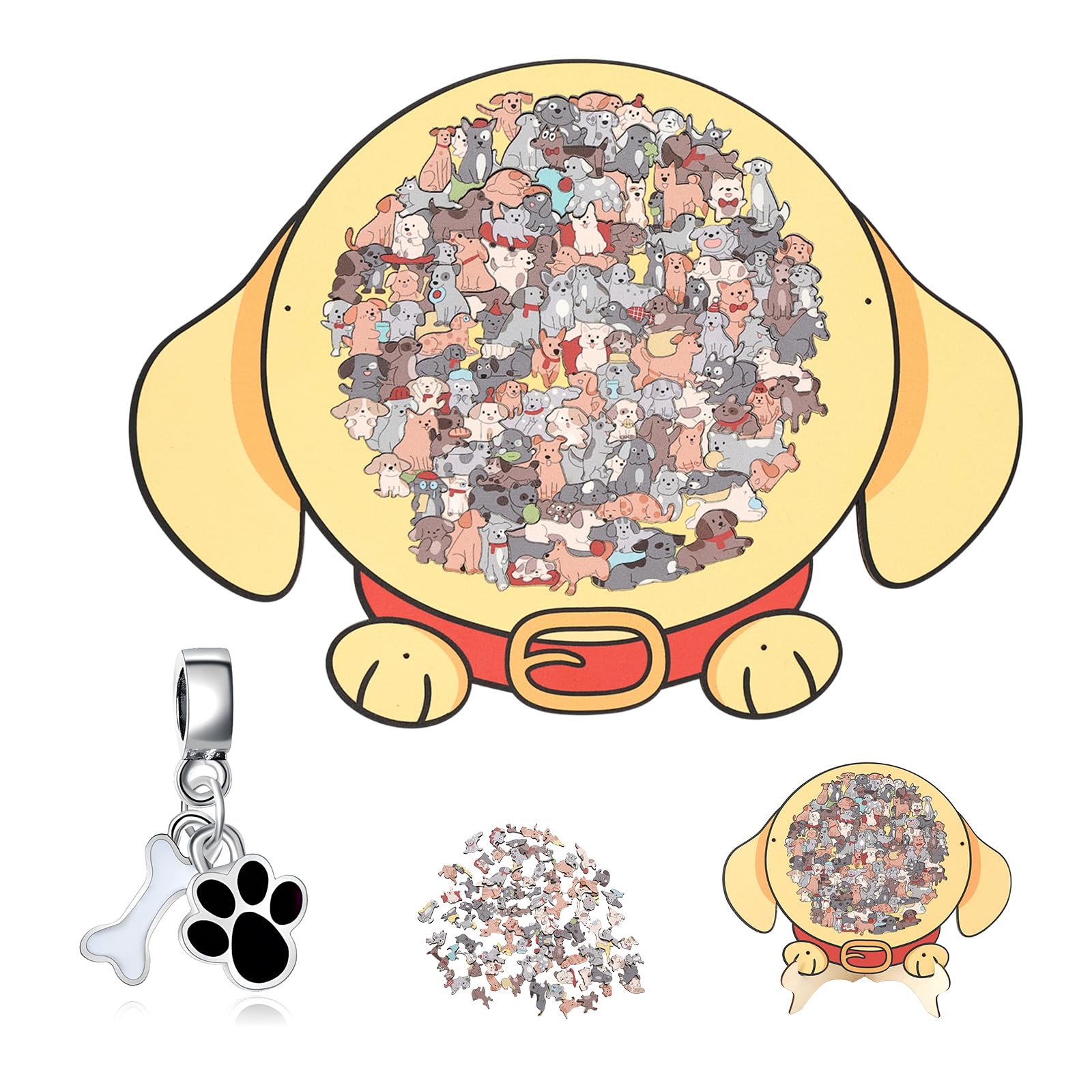 135-Piece Wooden Dog Puzzle with Keychain,Morandi-Colored Dog Shaped Wooden Jigsaw Puzzle,Challenging Irregular Jigsaw for Puppy Lovers,Home Decor
