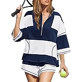 Wyeysyt Womens Striped 2 Piece Sets Summer Workout Outfits Oversized Lounge Set Going Out Pullover and Shorts