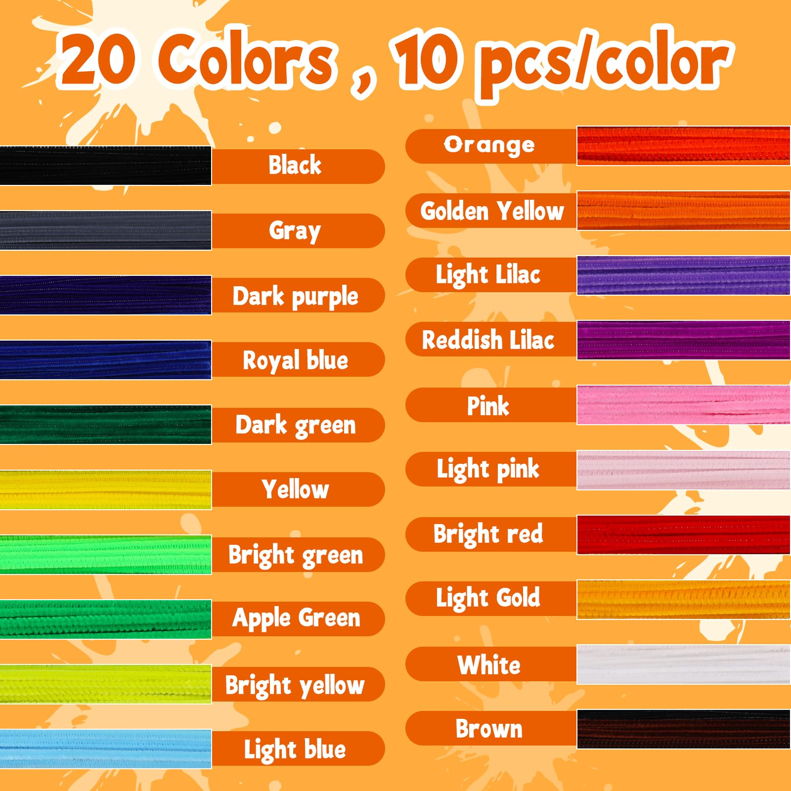 200 Pcs Pipe Cleaners, 20 Colors Pipe Cleaner Craft, Black Pipe Cleaners Bulk Chenille Stems Craft Supplies for DIY Cleaning Home Decorations