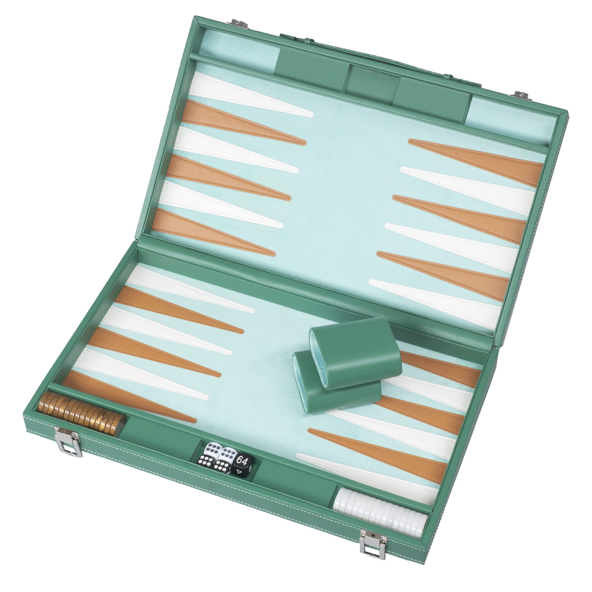 Mattera 15 inch Backgammon Set - Modern Green Board Game - Wood and Leatherette with Marbleised Checkers - Travel Games for Adults