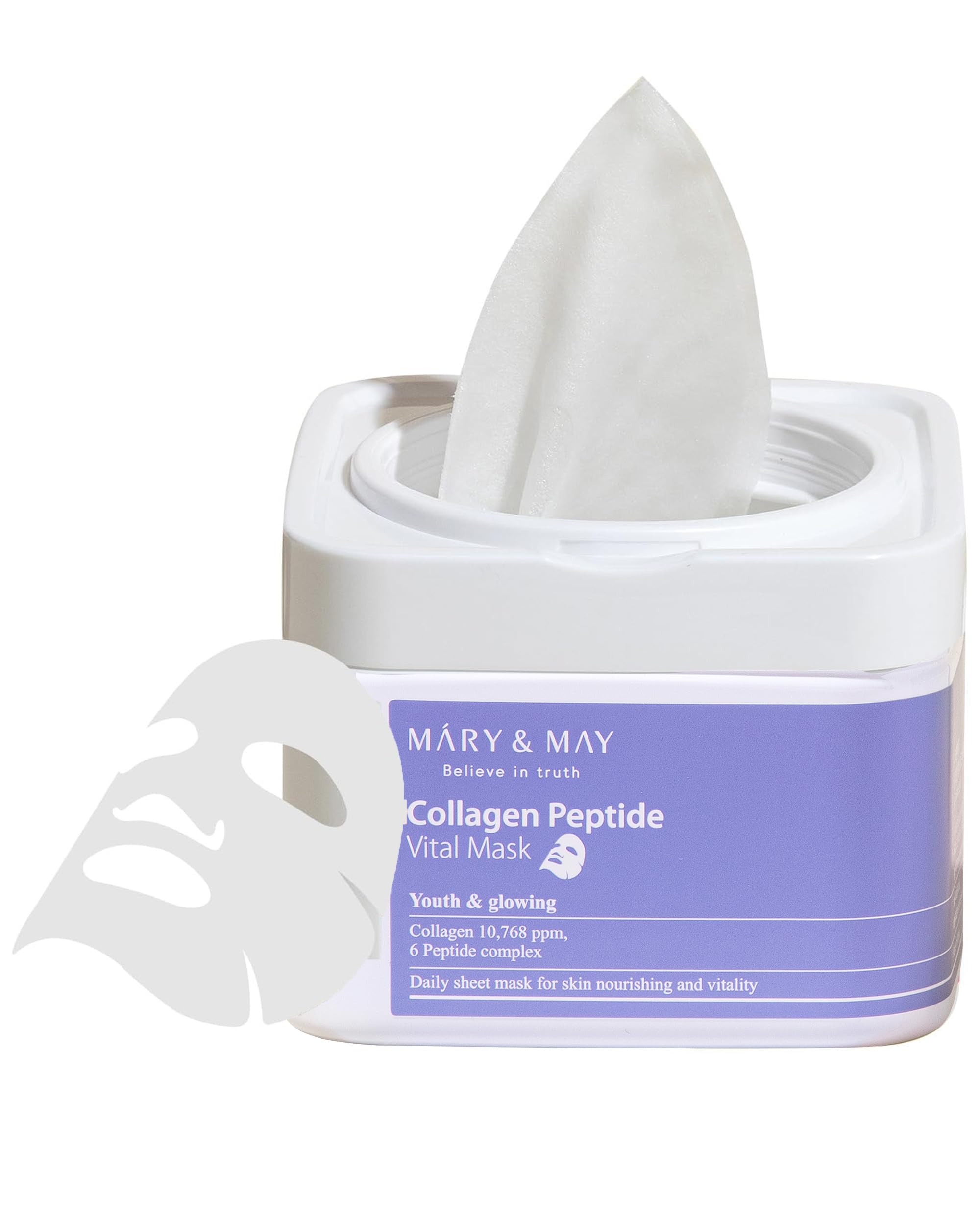 Mary&May Collagen Peptide Vital Mask 30 Sheets – Daily Anti-Ageing Sheet Mask, Firming & Elasticity, Hydrolysed Collagen + 6 Peptides, Pull-Out Tub with Tweezers, Vegan Korean Skincare, Hypoallergenic