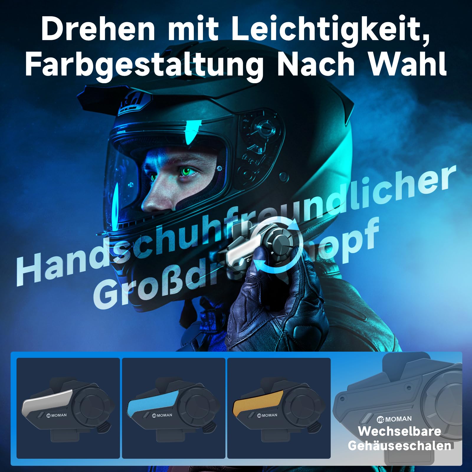 Moman Motorrad Intercom Headset, H2S 1000M Motorradhelm Kommunikationssystem ENC& DSP&CVC Geräuschreduzierung Multitasking-Audio Hi-Fi Stereo Musik Teilen FM AI Sprache IPX6 Wasserdicht (2 Pack) 8