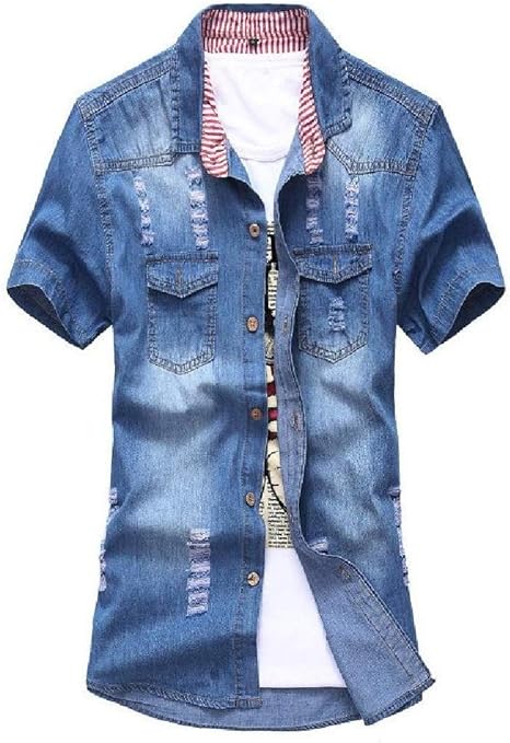 Amazon Co Jp Romancly ポケット半袖デニムホールロングシャツでボタン付きメンズシャツ Dark Blue S Clothing Accessories