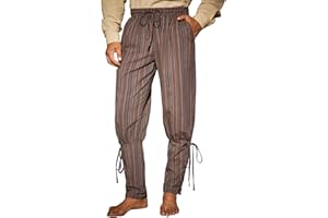 Runcati Mens Medieval Ankle Pants Renaissance Viking Navigator Pirate Pants Lace Up Striped Halloween Costume Trousers