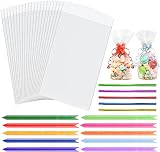 Frendour Cellophane Bags 100pcs 6x10in Clear Bags with Colorful Bows & Ties view 1