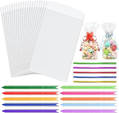 Frendour Cellophane Bags 100pcs 6x10in Clear Bags with Colorful Bows & Ties