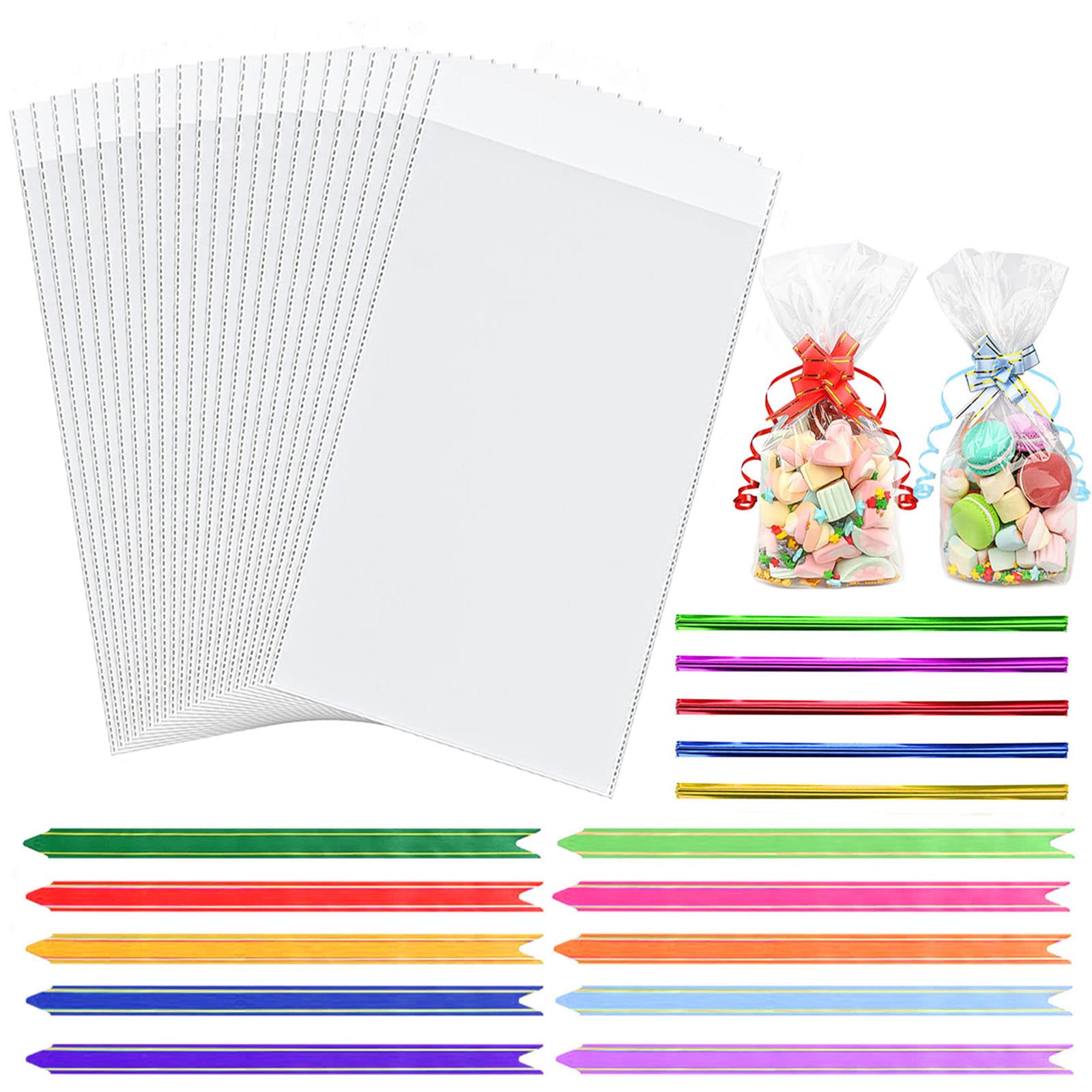Cellophane Bags,100pcs (6 x 10 Inches) Cellophane Bags with 100pcs Colorful Pull Bows & 100pc Colorful Ties,Flat Bottom Sweets Clear Bags for Present Packaging of Christmas, Halloween, Birthday.