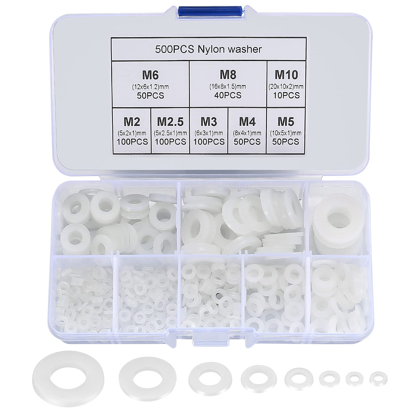 500 PCS White Nylon Washers, Round Plastic Flat O-Ring Washers Assortment, Faucet Gaskets for Pipes, Faucets, Mechanical Repairs - M2/M2.5/M3/M4/M5/M6/ M8/M10