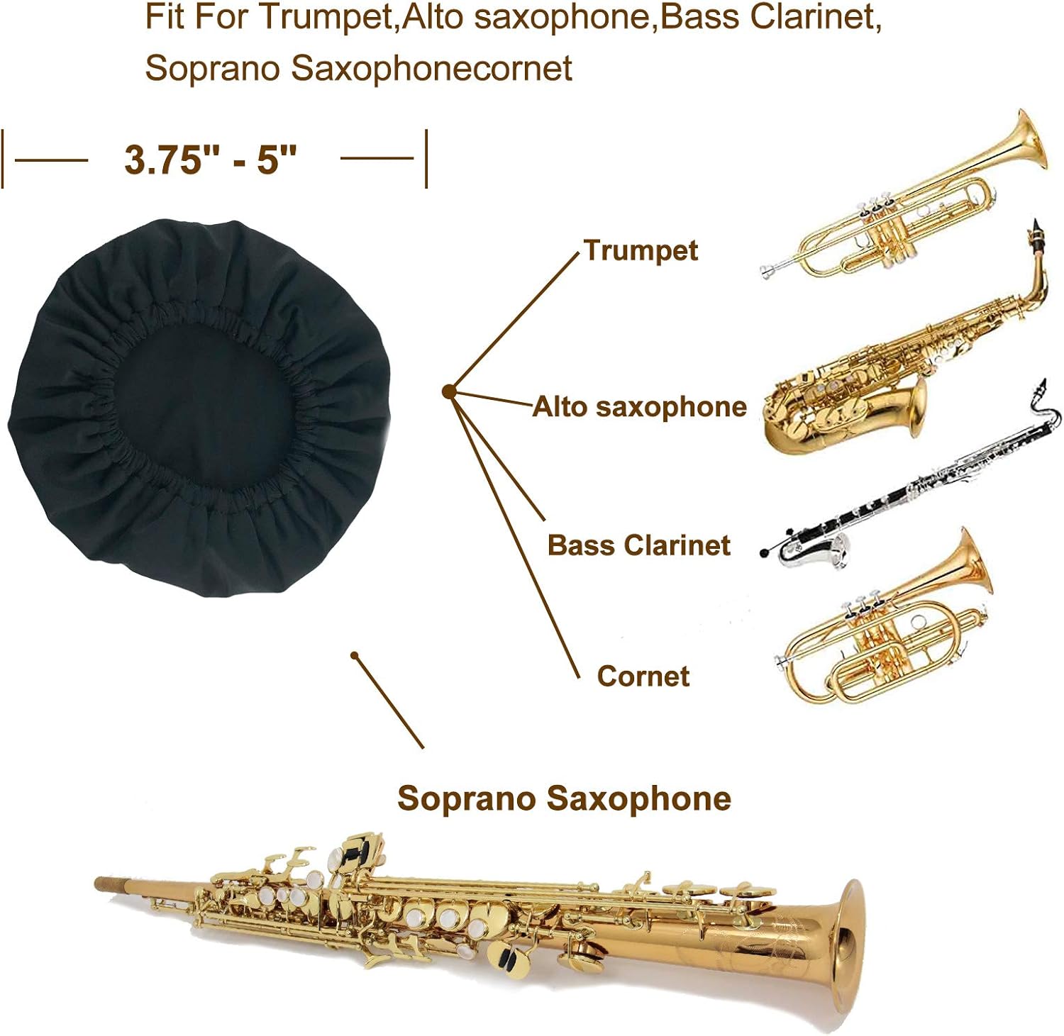 SUMAX1989 Instrument Bell Cover, Ideal for Trumpet, Alto, Bass Clarinet, Soprano Saxophone, 3.75-5”: Musical Instruments