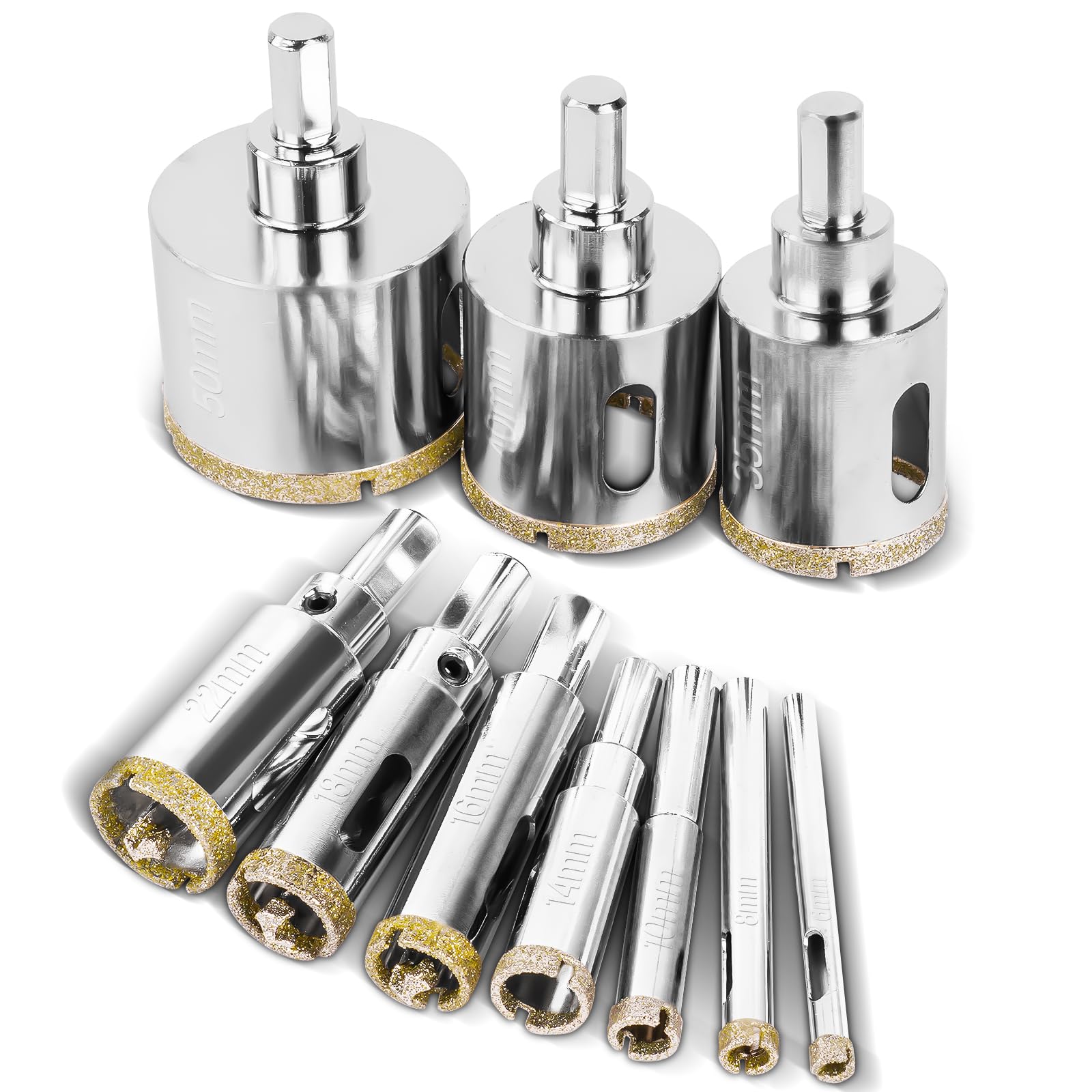 flintronic Diamond Drill Bit Set, 10PCS(6mm-50mm) Hole Saw with Center Drill, Carbon Steel Hole Saw Cutter Tools Set with Diamond Coating, for Glass/Tile/Ceramic/Marble/Porcelain Cutting