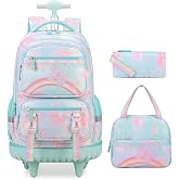 3PCS Rainbow Butterfly Rolling Backpack for Girls with Lunch Box (Green) | Kids Roller Backpacks with Lunch Bag &amp; Pencil Pouch, Cute Bookbags Schoolbag with Wheels for Kindergarten Elementary Prechool