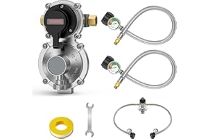 GasXpert 2 Tank-2-Stage Auto Changeover LP Propane Regulator Includes 18" Pigtail Propane Hoses with Gauge, Stainless Braided Hose QCC1 1/4" Inverted Male Flare, 3/8" NPT Female Outer for RV Trailer