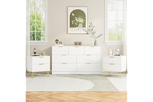 Sscaktu 7 Drawer Dresser and Nightstand Sets for Bedroom, 3 Pcs Bedroom Set，Night Stand Set of 2 & 7 Drawer Dresser with Gold Handles, Modern Wood Chest of Drawers Storage Cabinet Set, White