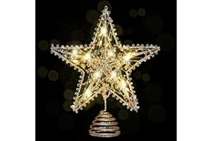 Emopeak Iron Art 20 LED Christmas Tree Topper, 8 x 10Inch Indoor Outdoor Star Treetop Light Two Modes (Keep Light ON/Flash) for 1.5Ft to 9Ft Christmas Tree (Champagne, 8 x 10 Inch)