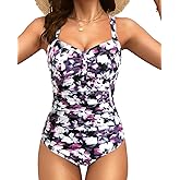 Tempt Me Women Ruched Slimming One Piece Swimsuits Tummy Control Vintage Bathing Suits