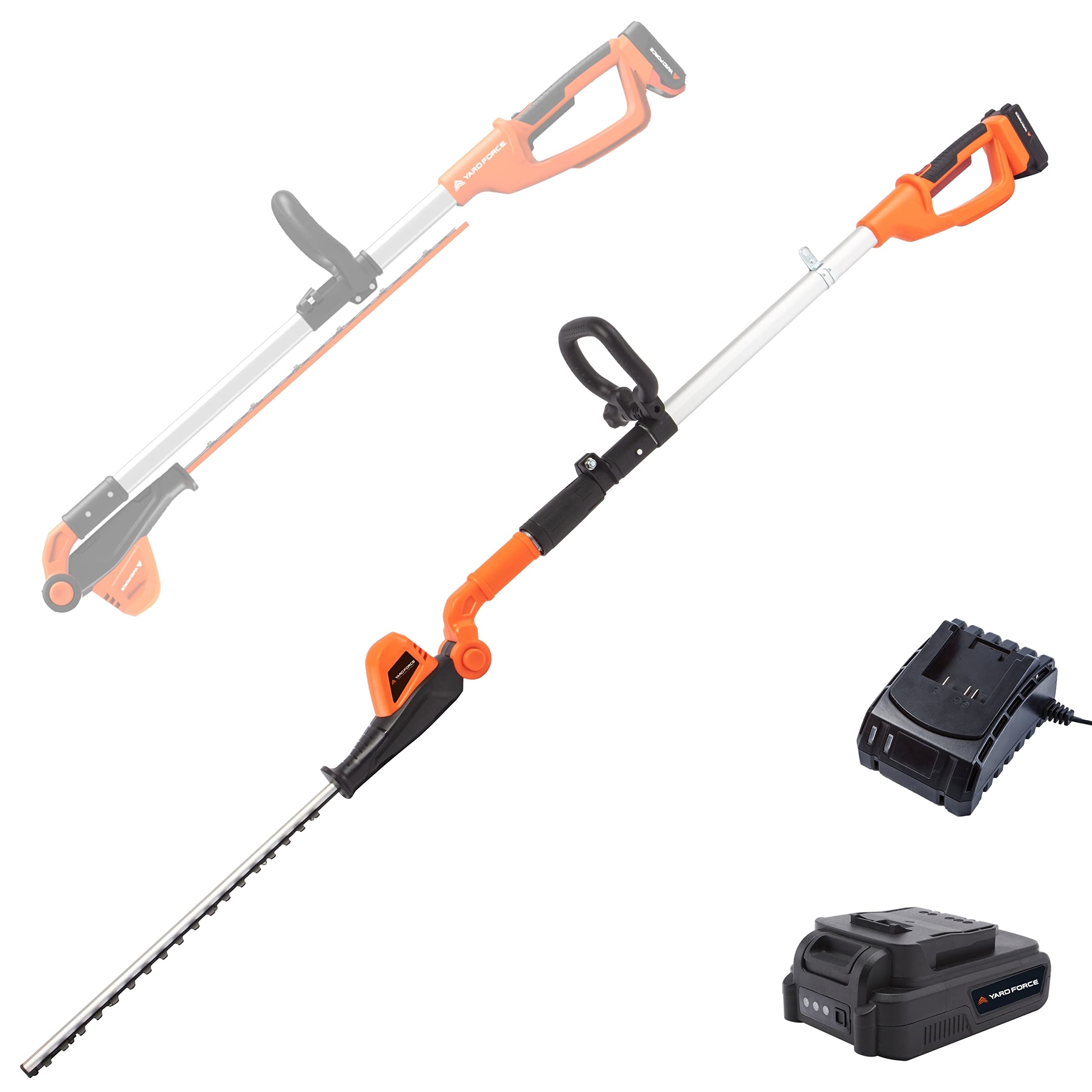 Yard Force 20V Cordless Pole Hedge Trimmer 41cm Dual Action Blade, 10-Position Pivot Head, Telescopic, Extendable 2.5m Reach, Lightweight for Tall Hedges. With 20V 2.5Ah Battery and Charger.
