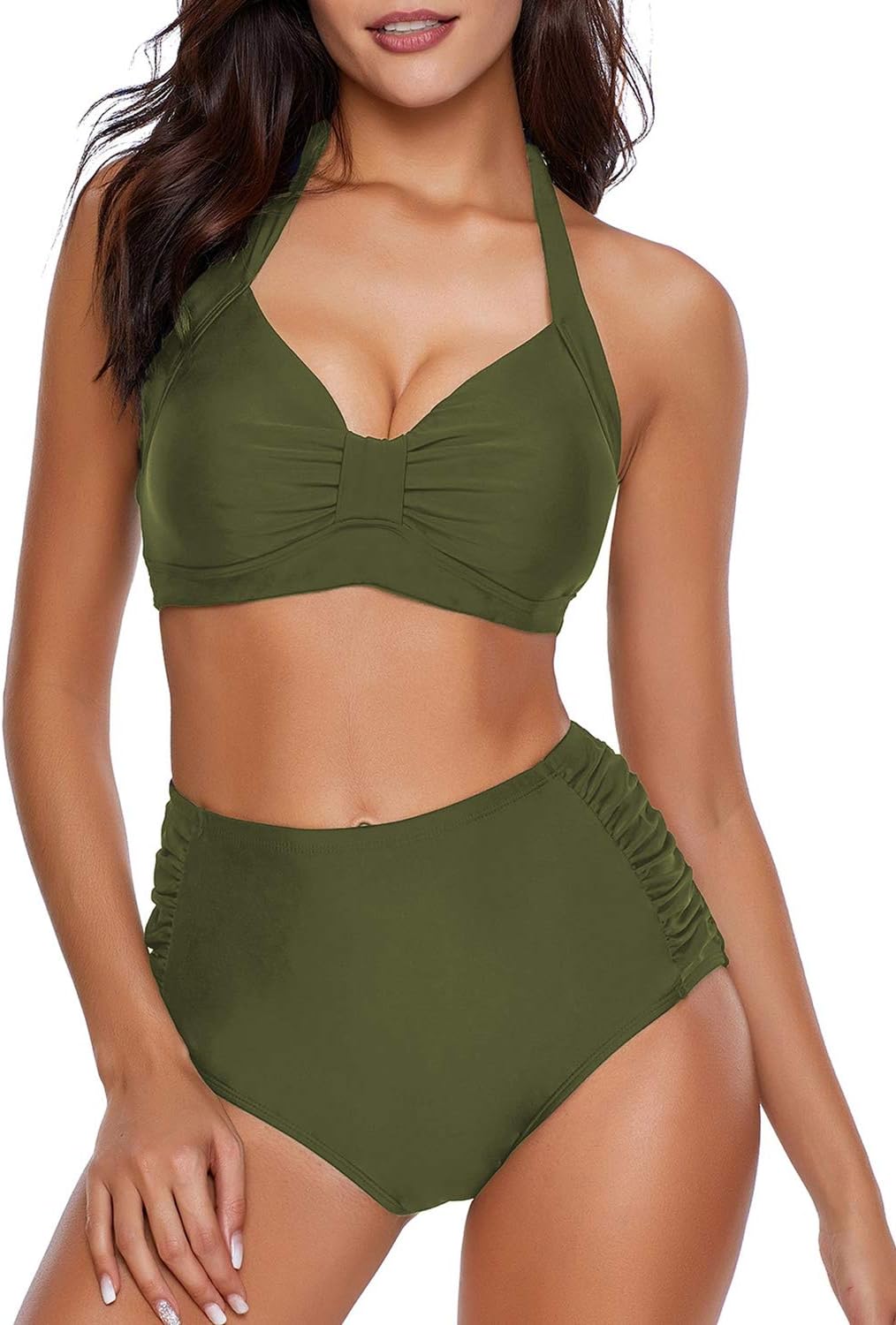 Women's Halter Tie Knot Swimsuit Bikini Set High Waist Ruched Tankini Bottom