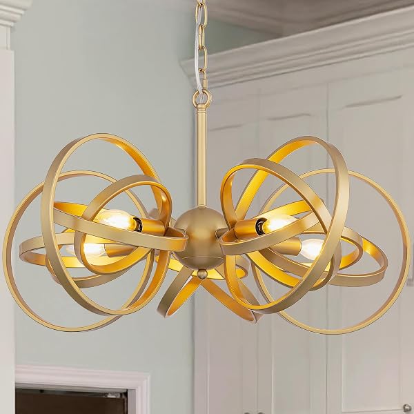 TOCHIC MODERN CHANDELIER FOR DINING ROOM,5-LIGHT GOLD METAL CHANDELIER,MID CENTURY CHANDELIERS,RINGS FARMHOUSE CEILING LIGHT FIXTURE FOR BEDROOM,LIVING ROOM,KITCHEN ISLAND,ENTRYWAY,FOYER 26.3″ D