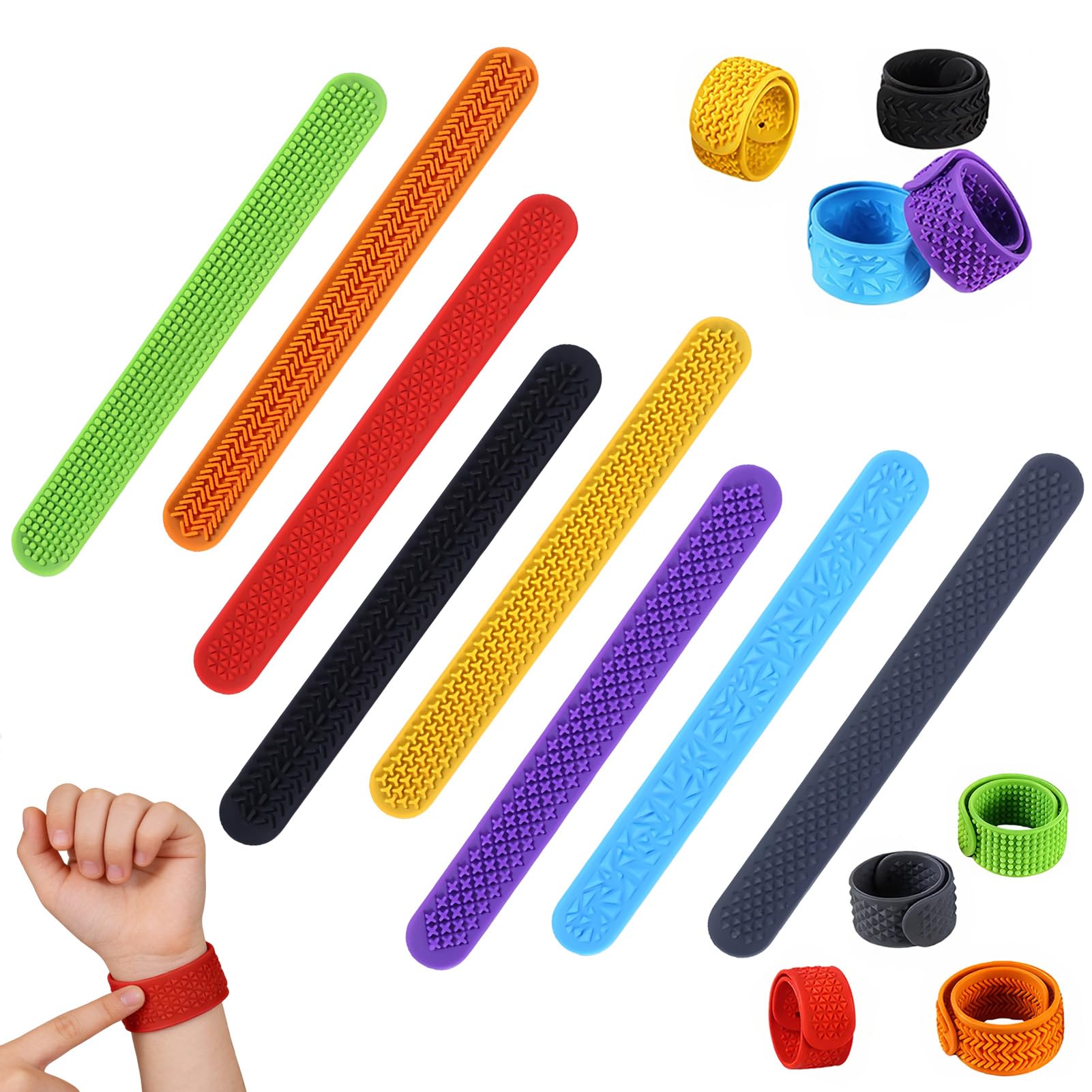 8 Pcs Sensory Slap Bracelets, Snap Band for 3+ Year Old Boys Girls Teens Textured Silicone Slap Bracelets Sensory Fidget Toys Fidget Bracelet for Adults Anxiety Relief Slaps Bands for Party Bags