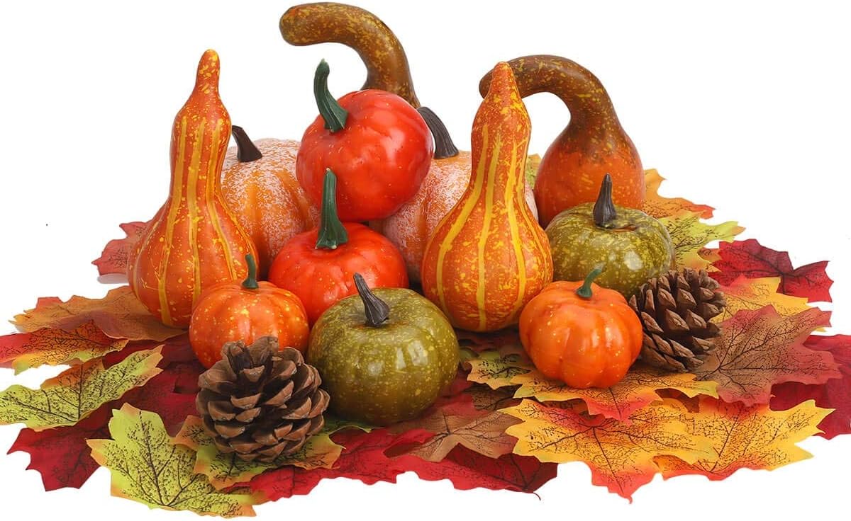 vensovo Mini Decorative Pumpkins Assorted Sizes 54pcs - Assorted Small Foam Pumpkins Decor with Fall Maple Leaves Acorn Pinecone Great for Vase Filler Table Display Thanksgiving Centerpieces