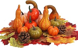 vensovo Mini Decorative Pumpkins Assorted Sizes 54pcs - Assorted Small Foam Pumpkins Decor with Fall Maple Leaves Acorn Pinecone Great for Vase Filler Table Display Thanksgiving Centerpieces