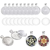HERZWILD 20 Set Silver Plated Round Bezel with Glass Cabochons 25 mm Alloy Tray Charms Bulk Blanks Bezel Pendant Trays Set for Photo Pendant Resin Craft Jewelry Making(Silver)