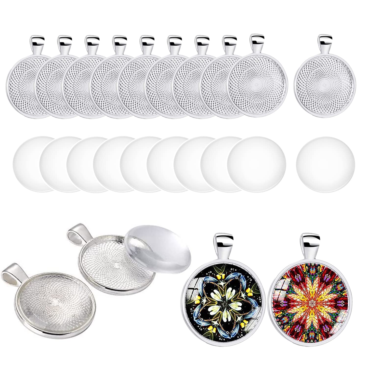 HERZWILD 20 Sets Round Bezel Pendant Trays, Alloy Blank 25mm Diameter with Transparent Glass Cabochon Settings for Cameo Photo Necklace Jewelry Making. (Silver A)