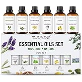 Majestic Pure 100% Pure Essential Oils Set - 6 x 10ml (Peppermint, Lavender, Eucalyptus, Tea Tree, Lemongrass) For Diffusers,