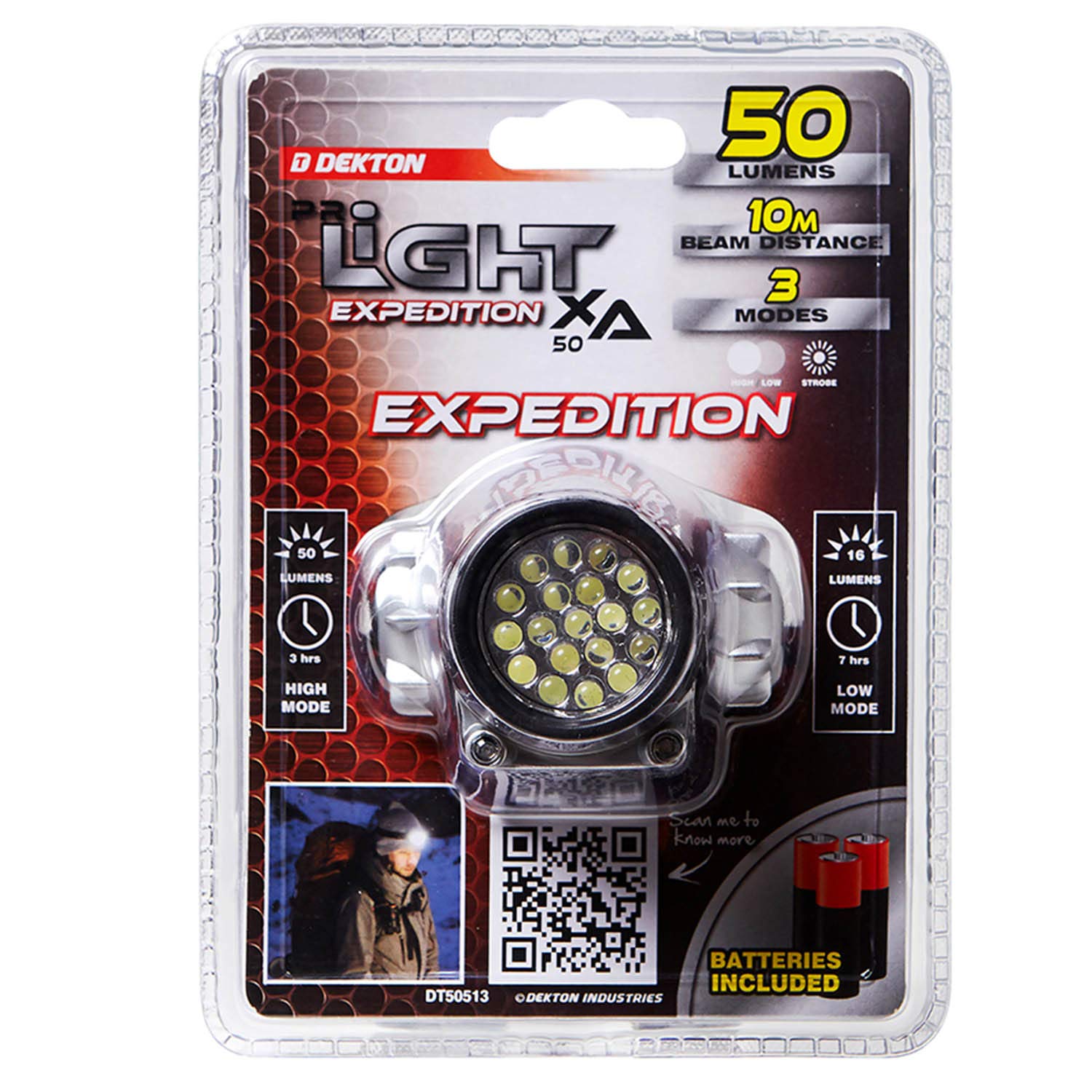 Dekton Pro Light XA50 Expedition Head Torch | 50 Lumens Brightness | 10m Beam Distance | Adjustable Strap | Ideal for Outdoor Activities & Emergency Use | Compact & Powerful LED Headlamp