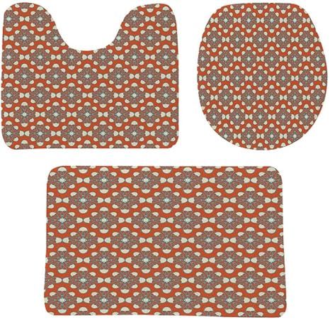 Amazon 幾何学的で温かみのある色の正方形の点線の背景シュールな幾何学模様の装飾 トイレマット セット浴室マット 3点セット 朱色のクリームブルー 防音 ラグマット 洗える おしゃれ 40 60cm トイレマット タンクカバー ホーム キッチン オンライン通販