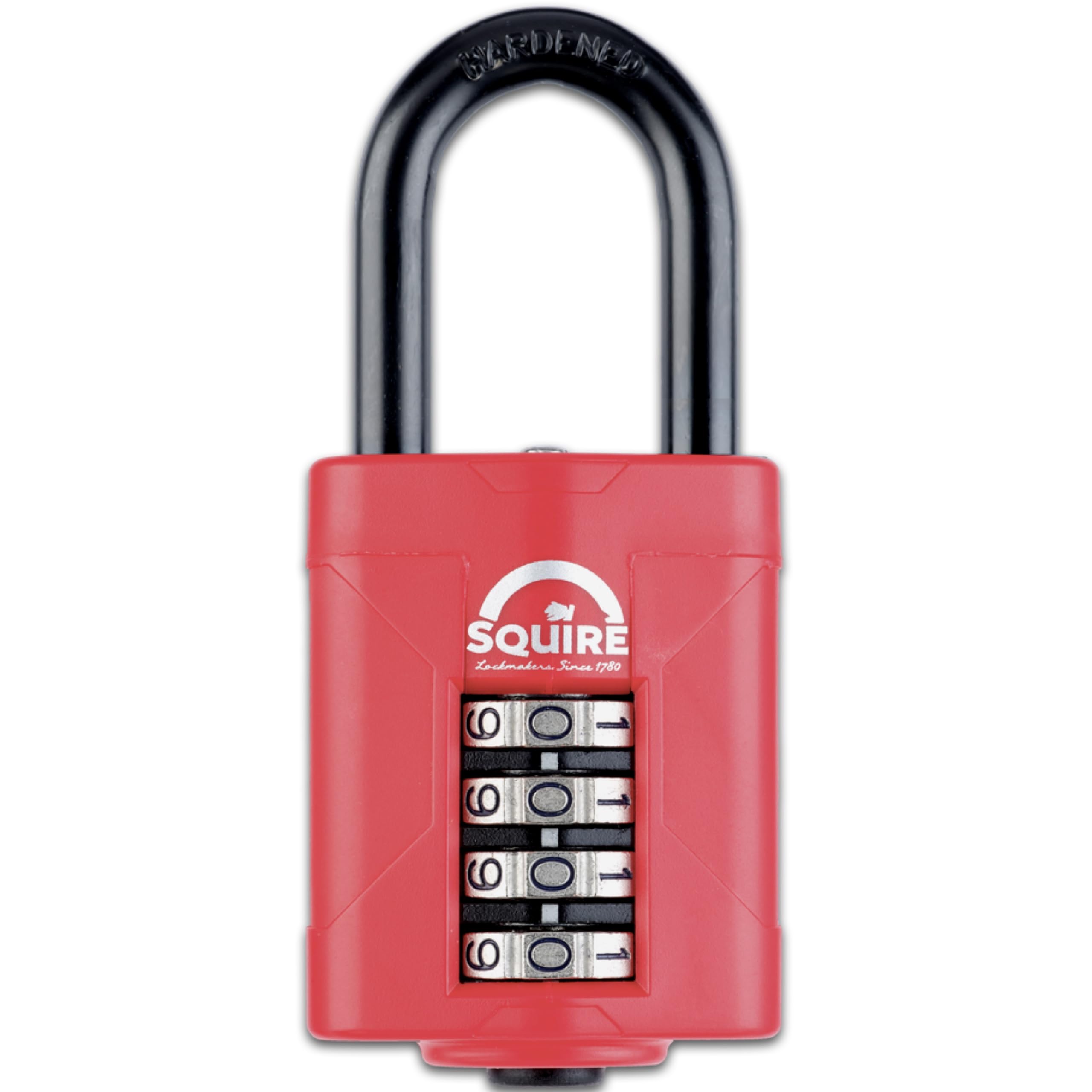 Squire Heavy Duty Padlock (CP50/1.5) - Toughest Long Shackle - 4 Wheel Combination Padlock - Alloy Steel for Corrosion Resistance - Weatherproof Lock for Home, School & Garage (Red, 50 mm)
