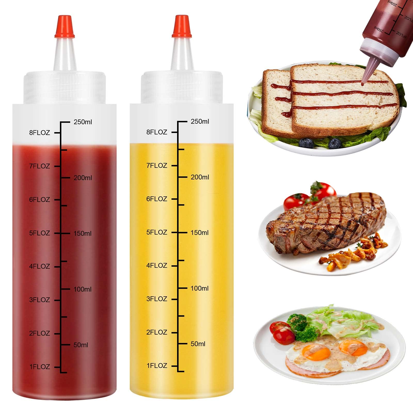 Squeeze Bottles 80z - Reusable Condiment Bottles for Sauces Liquids, Free Leak Proof Design, Easy to Clean Plastic Squeeze Bottles with Nozzle(250ml*2)