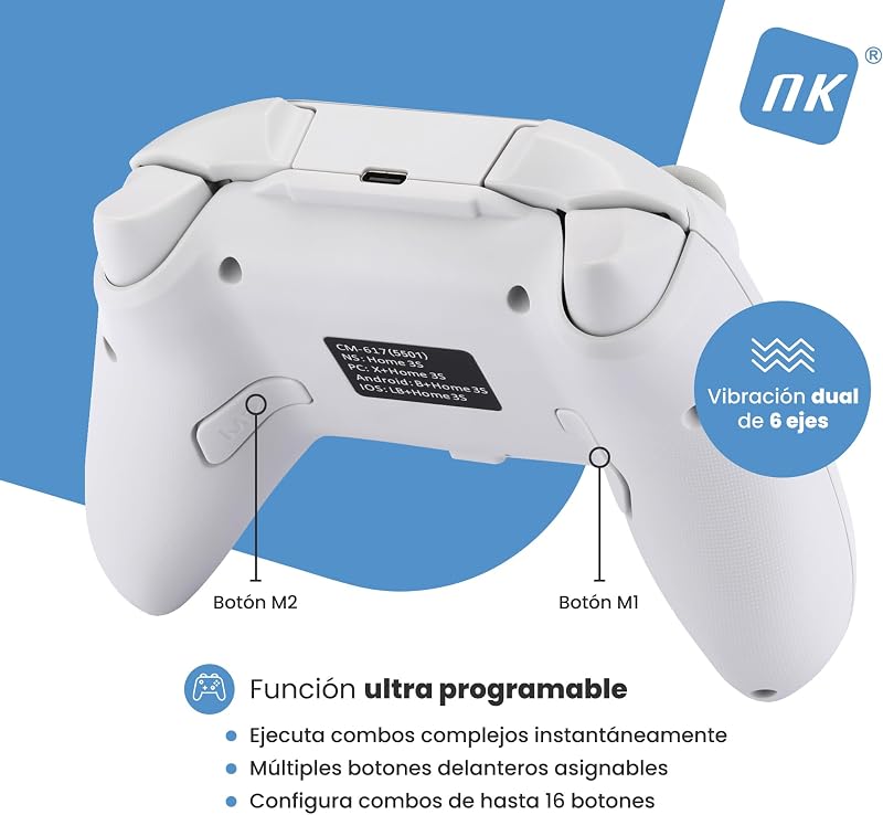 Mando Inalámbrico Bluetooth para PC - Compatible con Switch/Smartphone Android y iOS, 2 Botones Macro, Vibración Dual, 6 Ejes, Luces LED, Color Negro (Blanco)